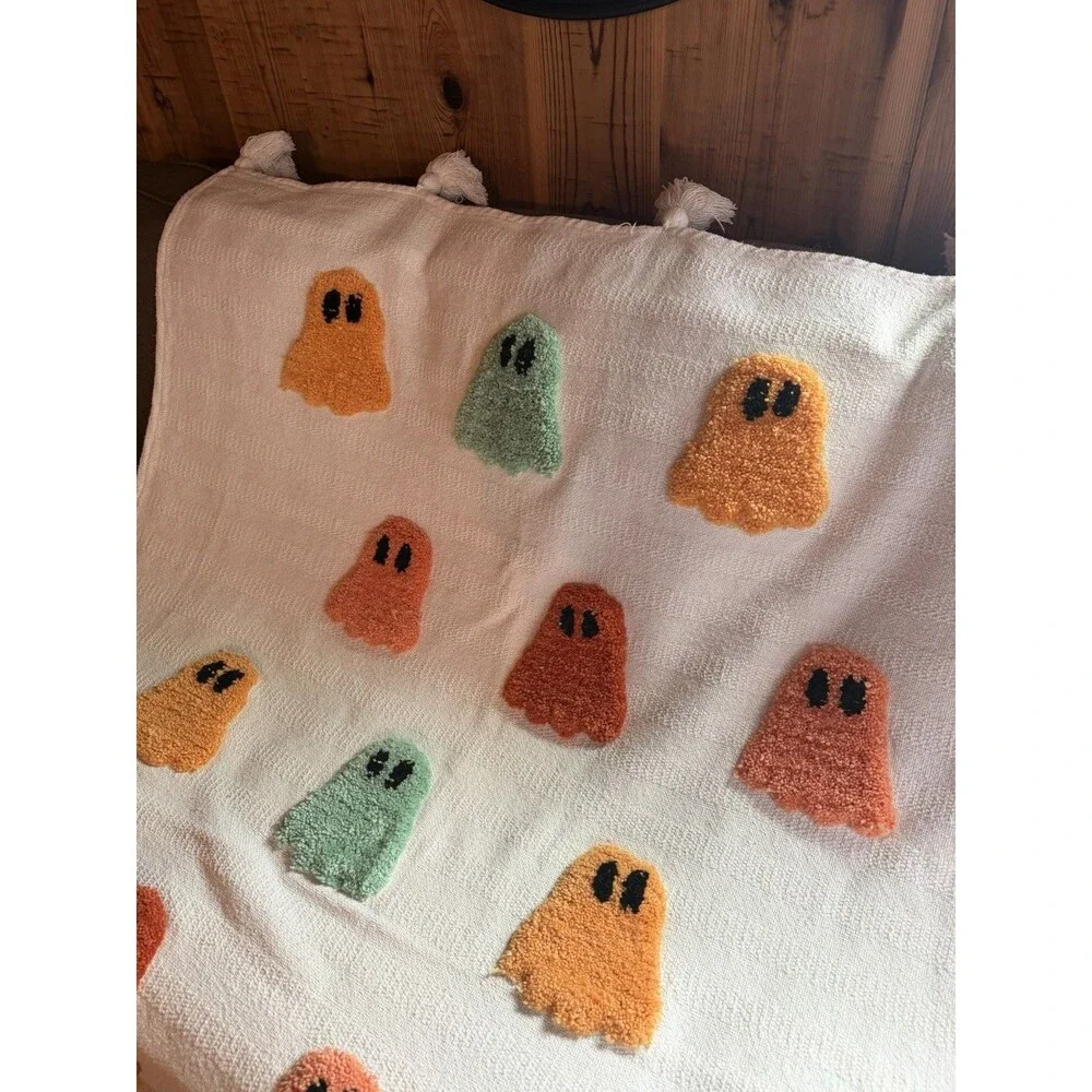 Rachel Zoe Orange, Green Multicolor Ghosts Throw Blanket Viral Halloween Tassels